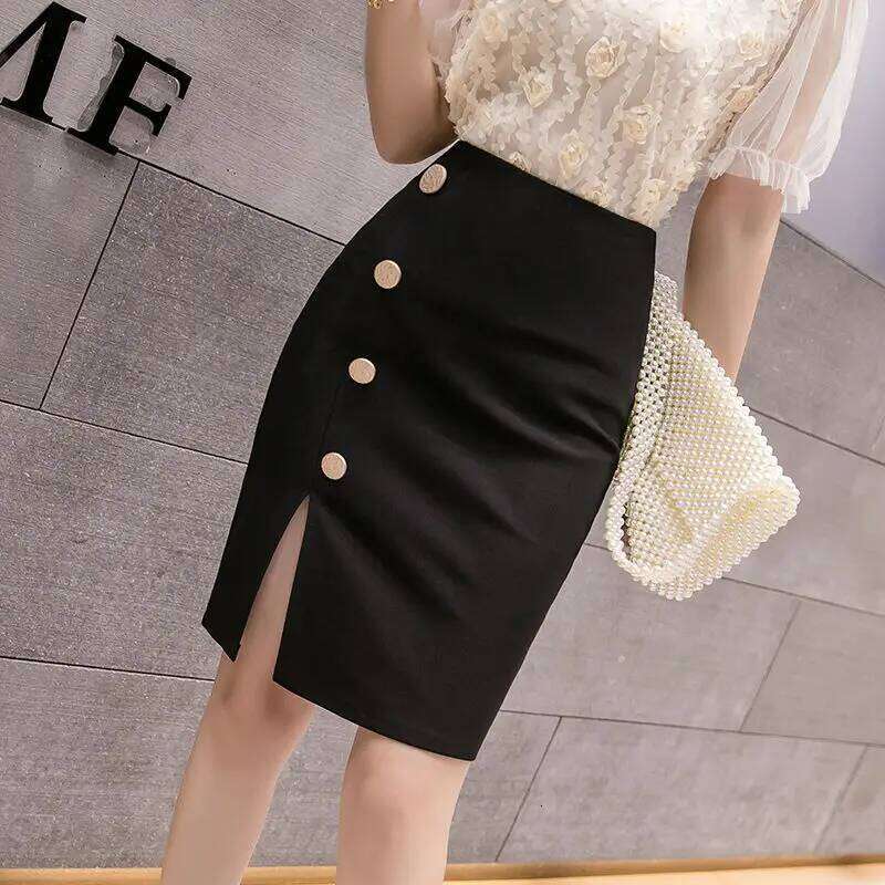 Summer New Button Split Short Skirts High Waisted Elastic Professional OL Women's Patchwork Zipper Bag Black Wrap Hip Half Skirt Z260314