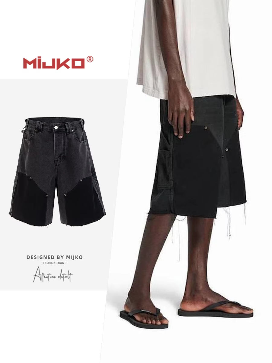 MIJKO Washed Logger Shorts Unisex Cat Whisker Fuzzy Edge Cuff Design Spliced Black TJ170
