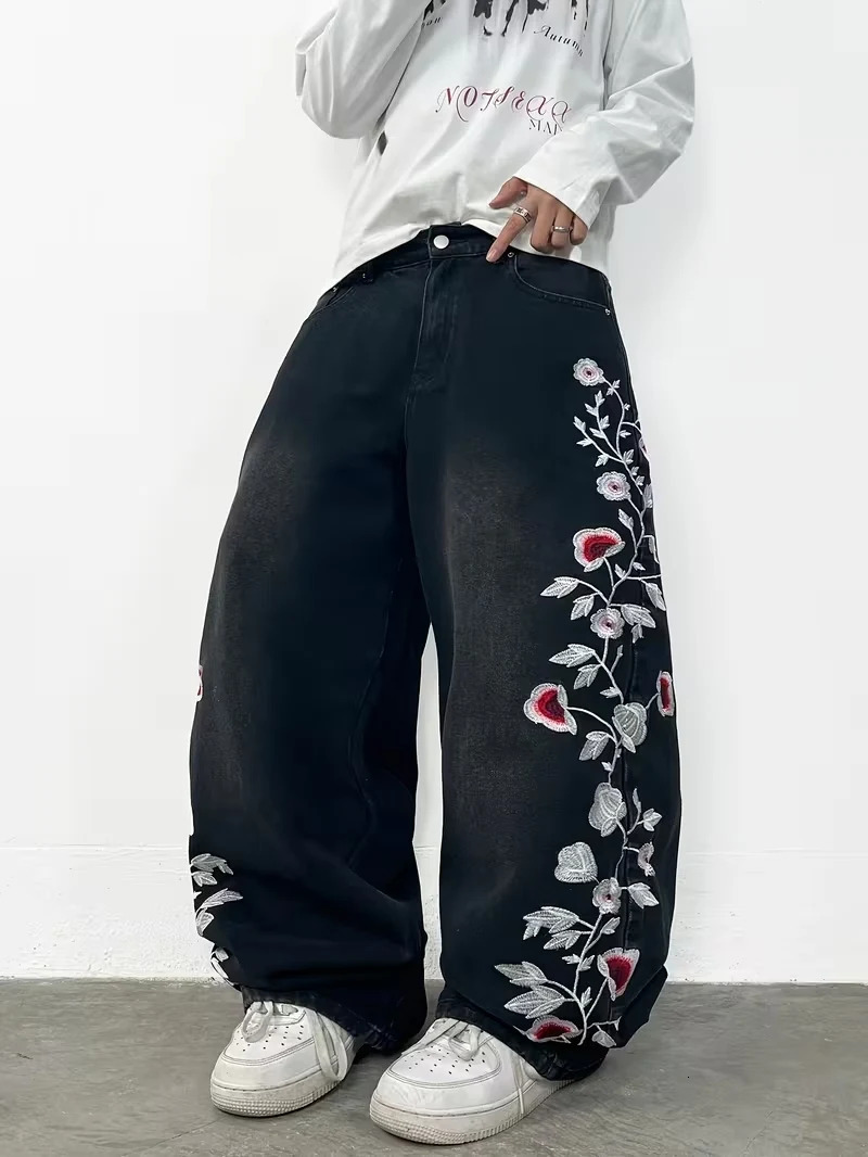 Y2K Grunge Style Floral Print Jeans Unisex Black Washed Loose Wide Leg Denim Trousers 260311