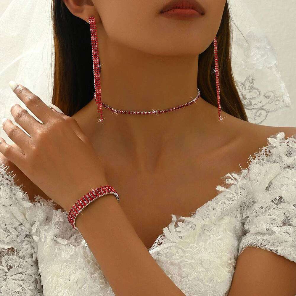 European and American Fashion Simple Amazon Explosive Diamond Inlaid Bracelet Earrings Neckland Set Z260313