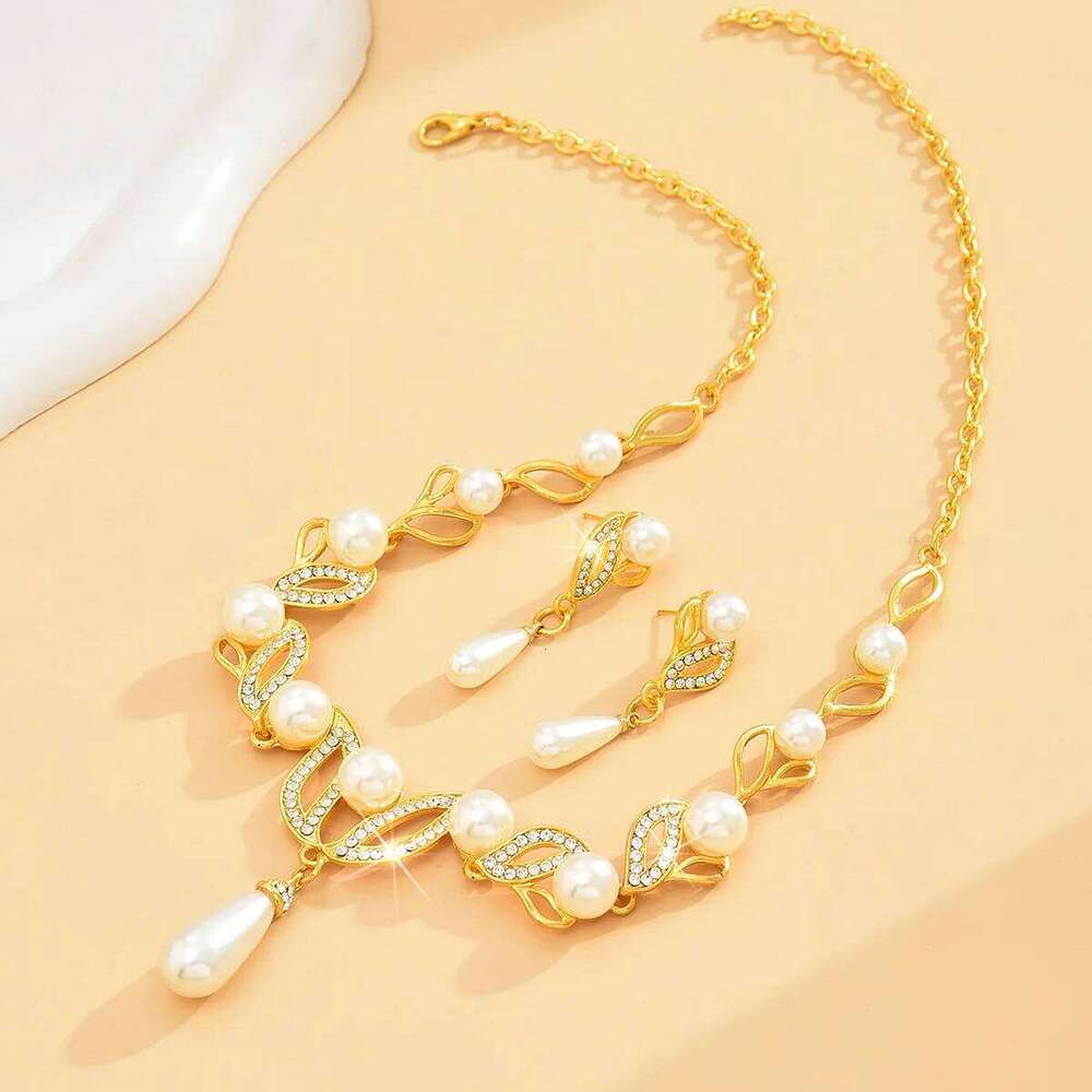 Faux Pearl Jewelry Set Necklace+Earrings Gold-Tone for Women Party Wedding Evening Accessories Product Description Z260313