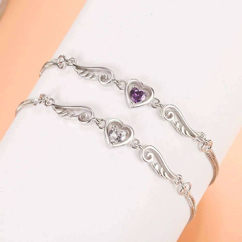 Purple Crystal Love Heart Stone Angel Wings Bracelets For Women Silver Color Chain Bracelet Wedding Jewelry Valentine's Day Gift Z260313
