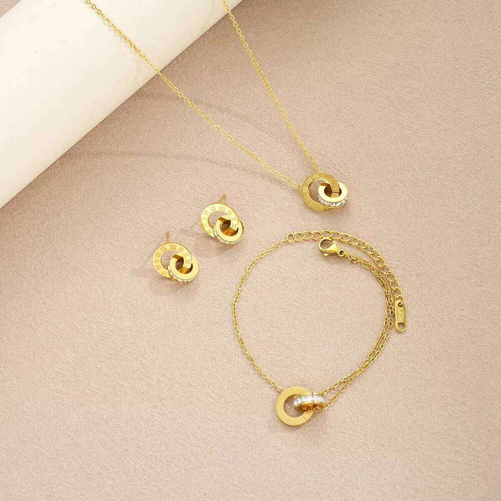 4Pcs/Set Stainless Steel Crystal Necklace Bracelet Earrings for Women Gold Color Interlocking Circles Roman Numbers Jewelry Sets Z260313