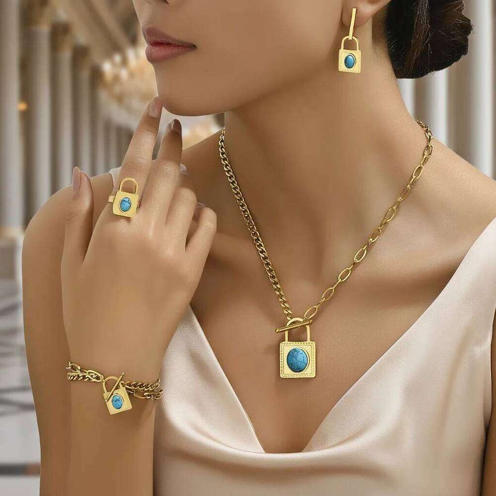 5pcs Elegant Vintage Jewelry Set for Women Fashion Lock Shape Necklace Inlaid Turquoise Choker Bridal Wedding Bracelet Party Z260313