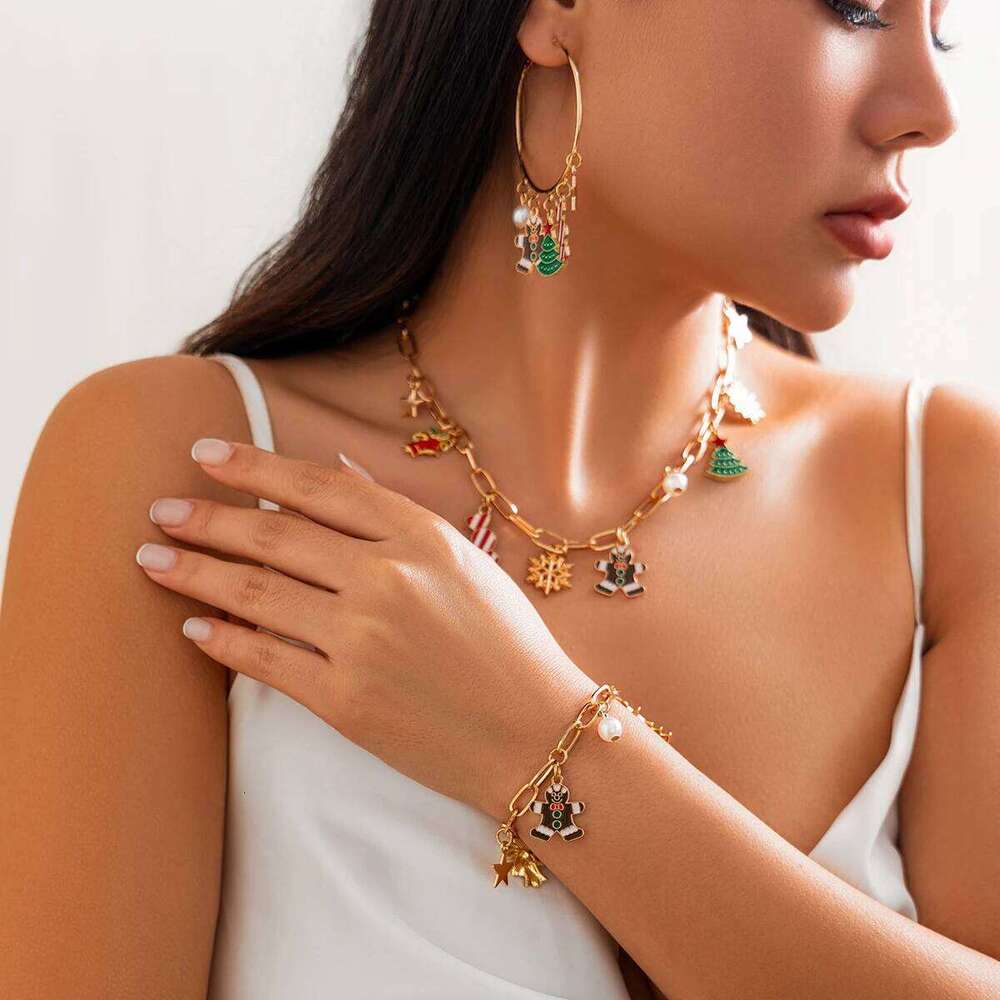 KunJoe Trendy Christmas Tree Snowflake Pendant Necklace Bracelet Hoop Earring Women New Year Jewelry Set Gift Clavicle Chain Z260313