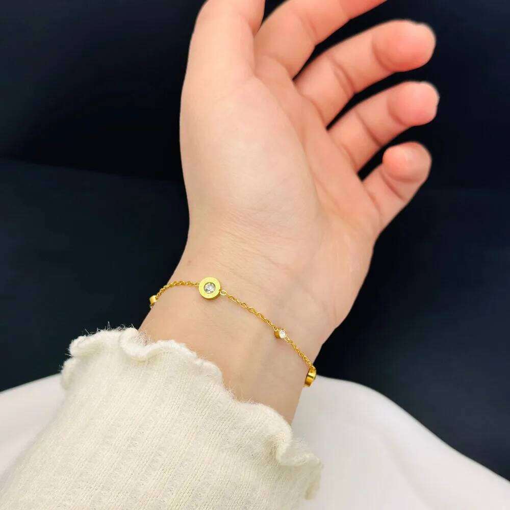 Trendy Exquisite Gold Color Stainless Steel Round Roman Double Zircon Adjustable Bracelet for Women Friends Charm Jewelry Gifts Z260313