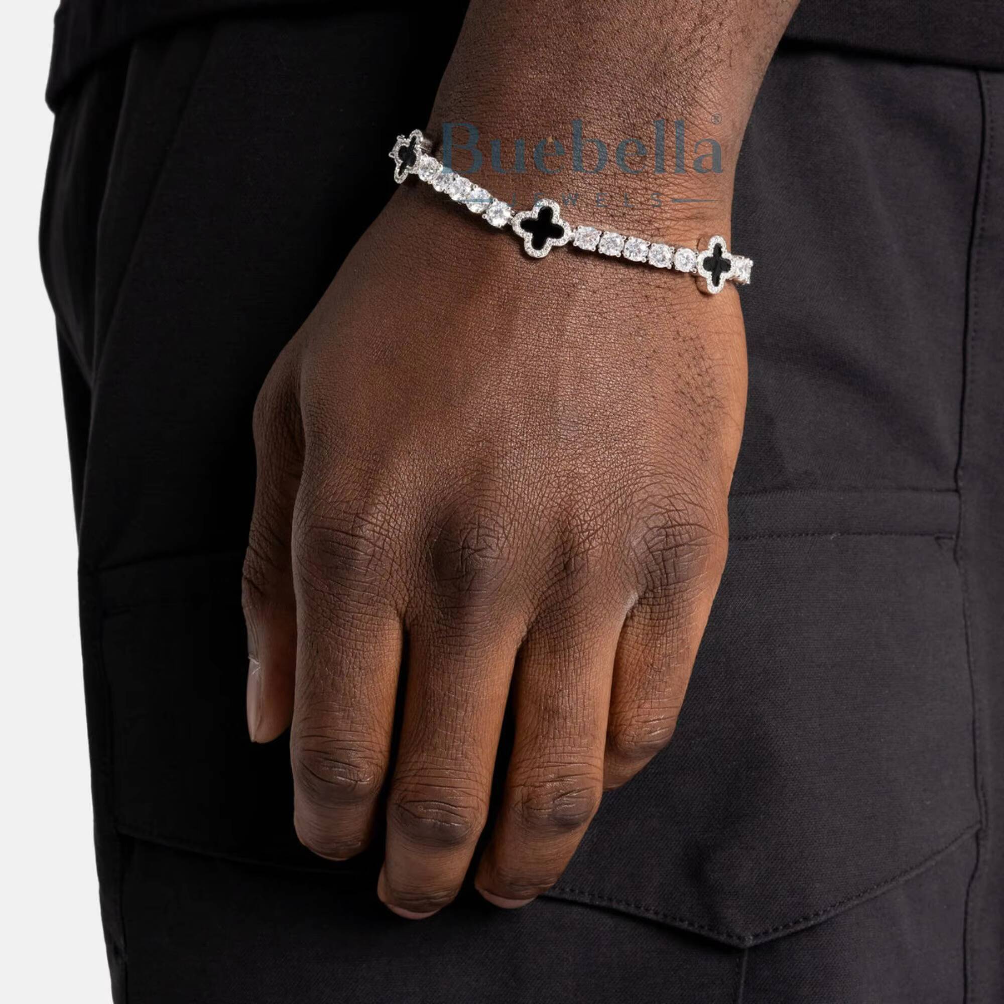 12mm 14K White Gold Plated 925 Silver Tennis Bracelet Fine Jewelry Black Clover Mens Moissanite Bracelets Bangles