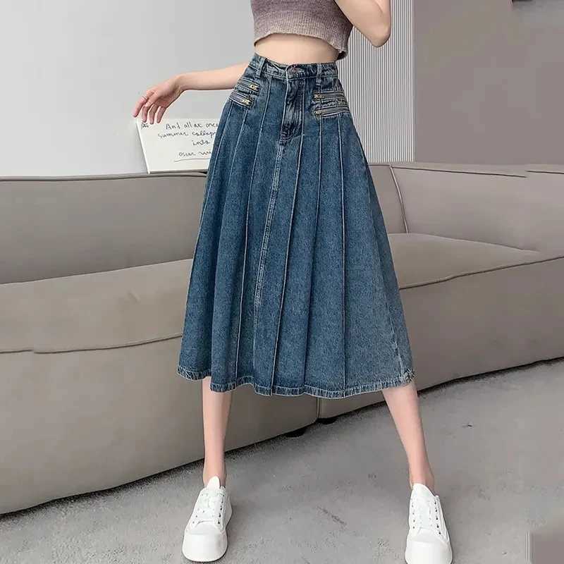 New Summer 2025 High Waist Retro Style Elegant Womens Cowboy Pleats Half Skirt Appear Thin Zipper Leisure Ladies Denim Skirt M260314