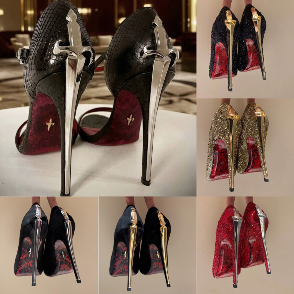 35-44 New Designers dagger Heel Womens suede open-toe sandals Printed Shallow mouth pointed tip high heels Fashion Sexy Silver Gold Sword Rhinestones Pumps shoes