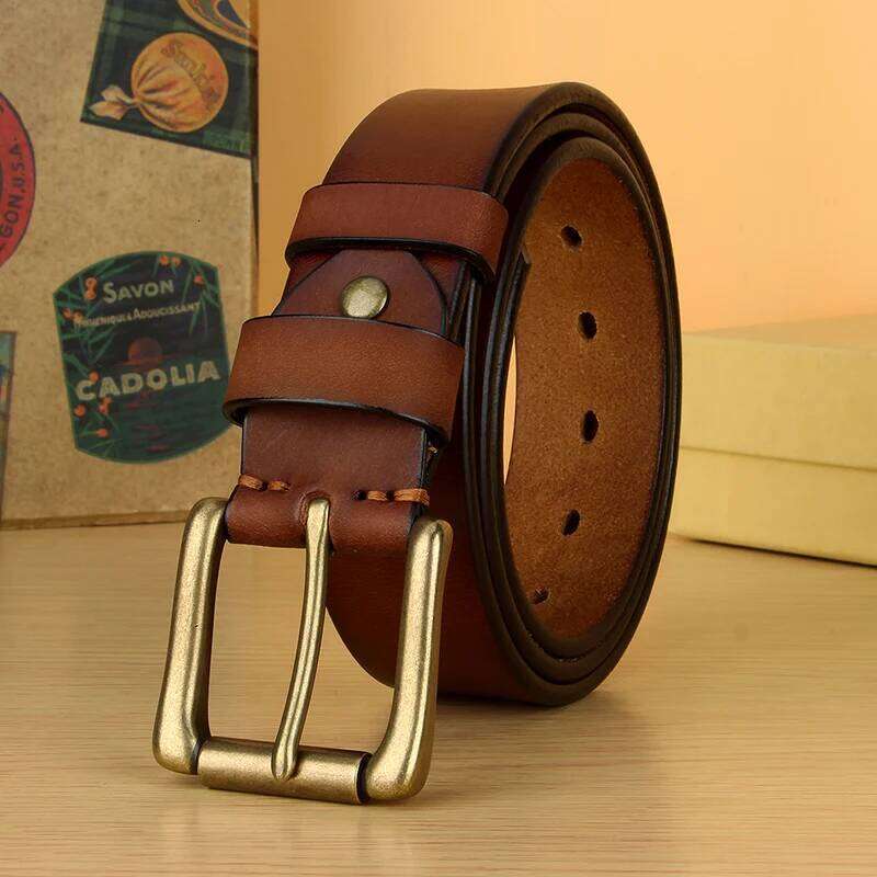 5mm Thicken Full Grain Leather Heavy Duty Work Mens High Hardness Solid Brass Pin Buckle Brown Belt Z260226