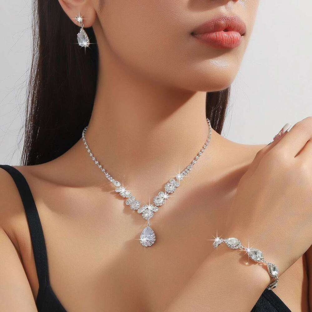 4PC Women's Fashion Copper Inlaid Claw Chain Water Drop Necklace Earrings Bracelet Jewelry Set Wedding Banquet Party Holiday Gif Z260313