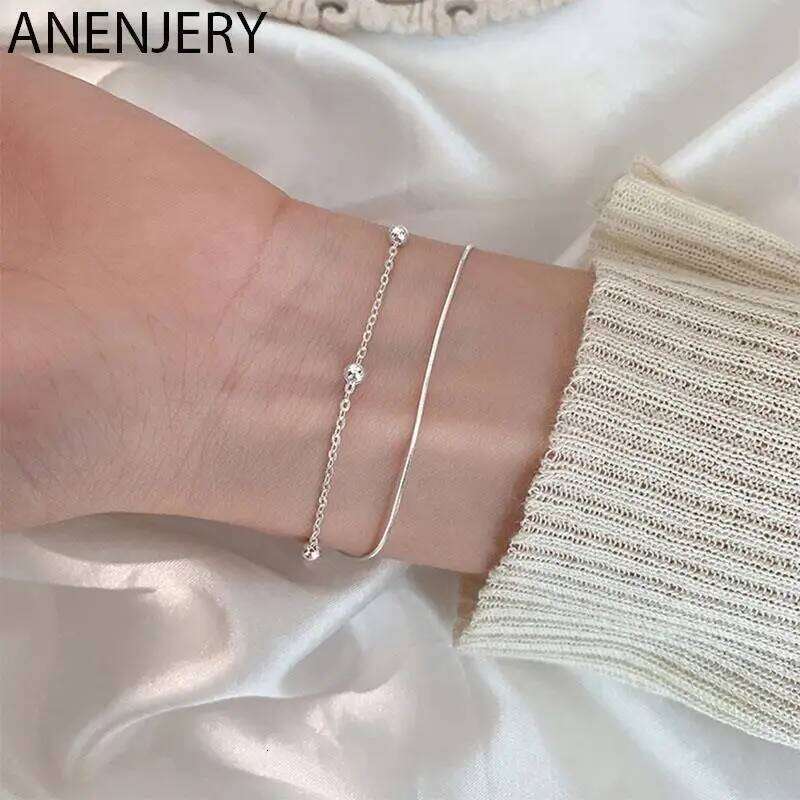 ANENJERY Silver Color Beaded Chain for Women Double Layer Bracelet Gifts Jewelry Z260313