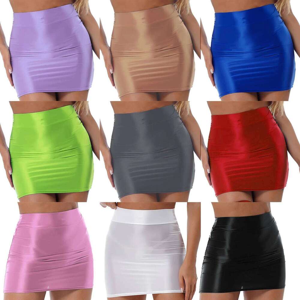 Womens Glossy High Waist Bodycon Mini Skirts Casual Solid Color Rave Party Clubwear Elastic Performance Pencil Skirt Miniskirt Z260314
