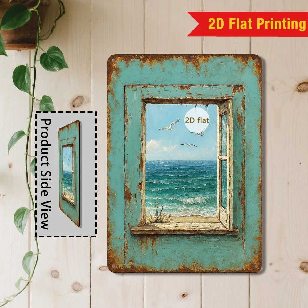 Vintage Coastal Window Metal Wall Art Rustic Seascape Tin Sign for Living Room or Beach House 8x12 Inch Nautical Decor D260314
