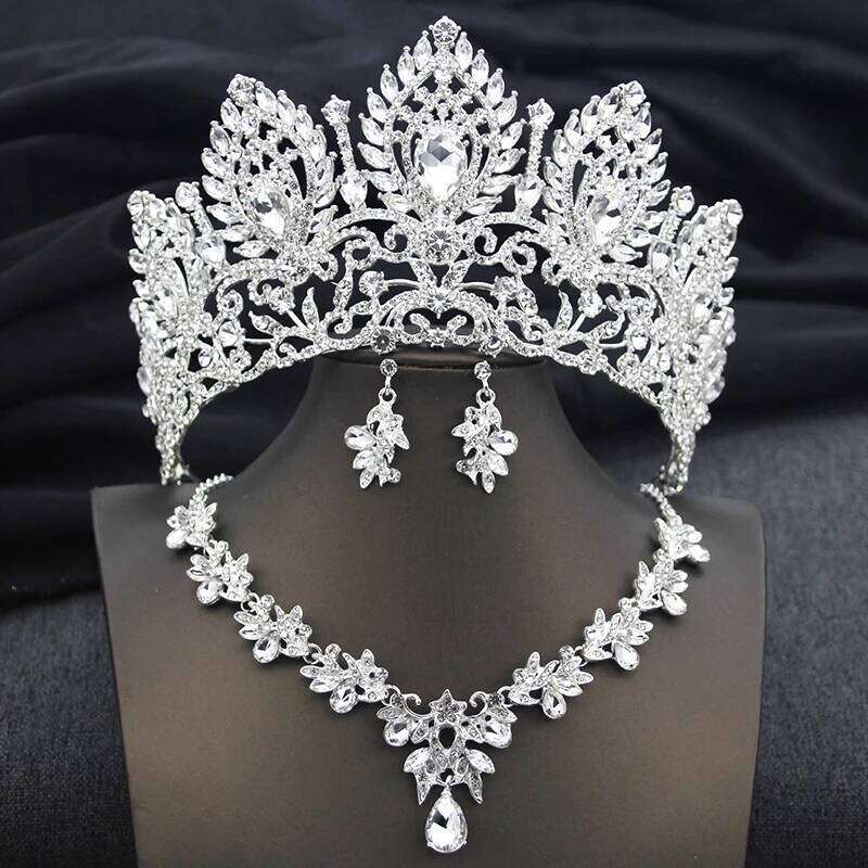 Luxury Green Crown Bridal Sets for Women Tiaras and Necklace Earrings Bride Jewelry Set Wedding Costume accessories Z260313