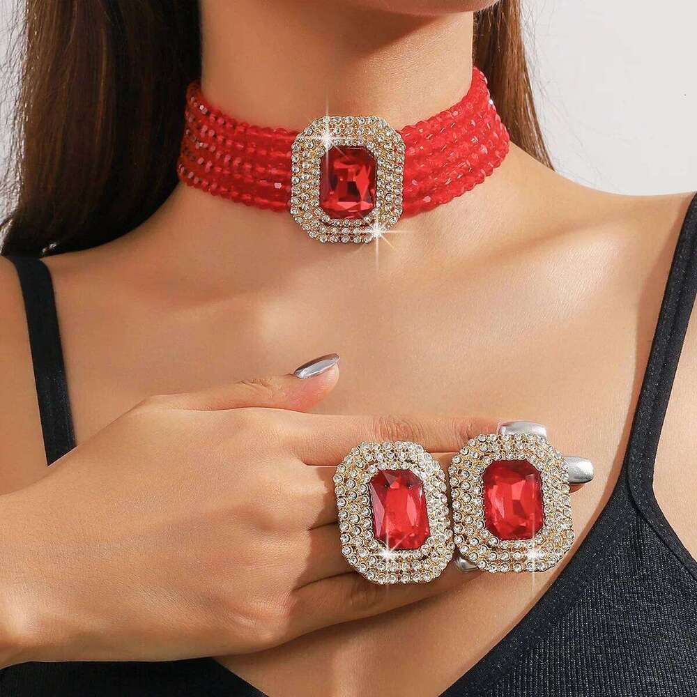 FYUAN Multilayer Champagne Red White Black Crystal Necklace Geometric Square Earrings Women Weddings Banquet Jewelry Sets Z260313