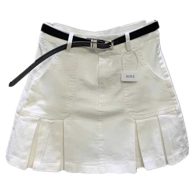 Korean Washed Cotton White Denim Pleated Skirt 2026 New Womens High Waisted Anti Glare Bodycon Short Pleated Skirt M260314