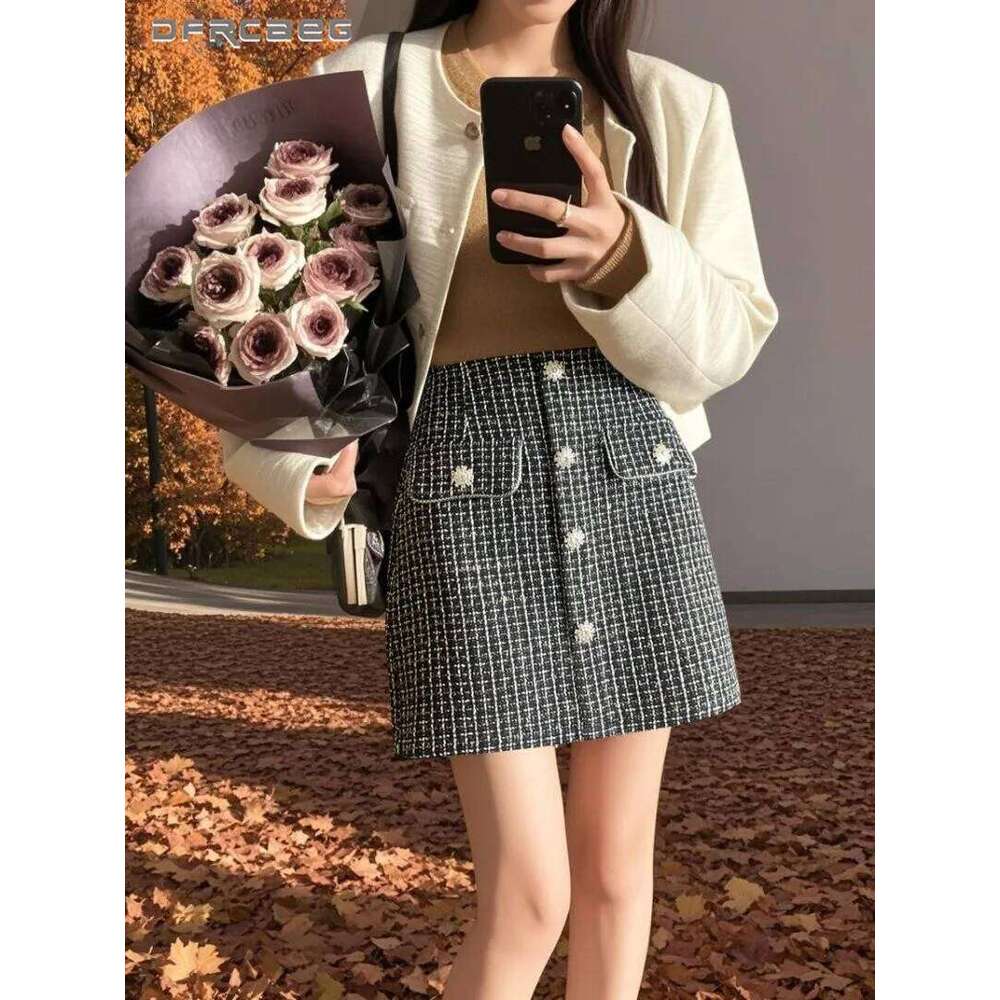 High Waist Thicken Tweed Short Pencil Skirt With Button Autumn Winter Vintage Plaid Slim Bodycon Mini Skirts Lady Z260314