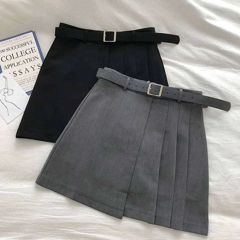 Lucyever Fashion High Waist Women's Korean Chic with Belt Patchwork Pleated Skirts Woman Black Simple Casual Mini Skirt Z260314