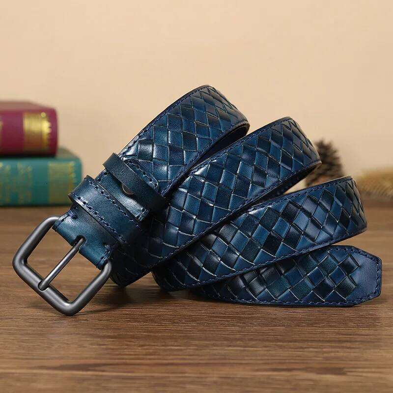 3.3cm Men Braided Young Style Top Layer of Cowhide Genuine Leather Needle Alloy Buckle Belt Woven Couple's Versatile Belts Z260226