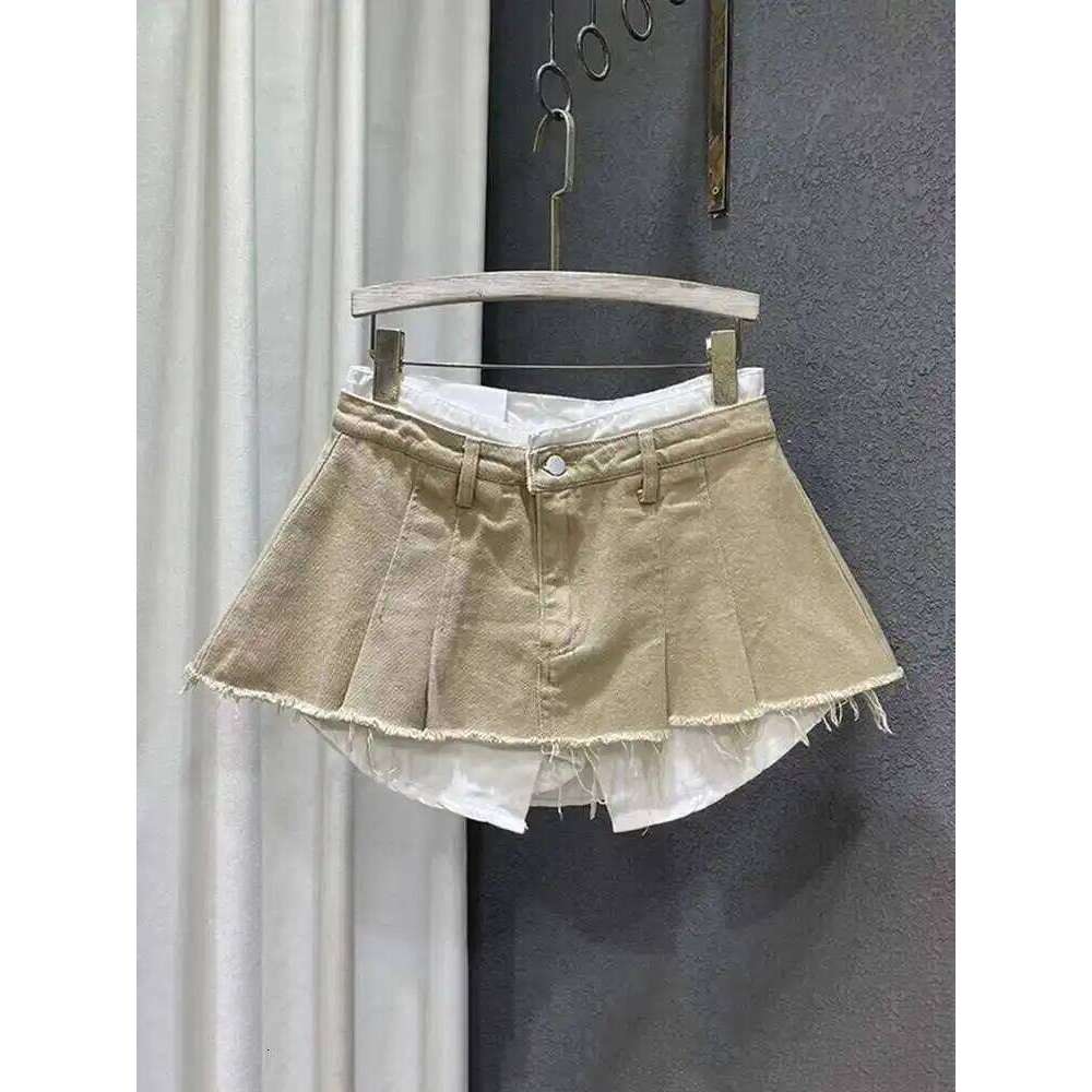 DEAT Trend Contrast Color Patchwork Denim Skirt Women Hem Burrs High Waist Loose Wrap Hip Skirts Female 2025 Spring New 11XX1592 Z260314