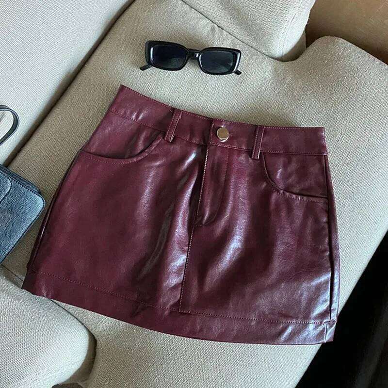 Wine Red PU for Women Sexy Clubwear Hip-Wrapped Leather Mini Skirt Female Spring Autumn Anti-Glare Short Skirts Z260314