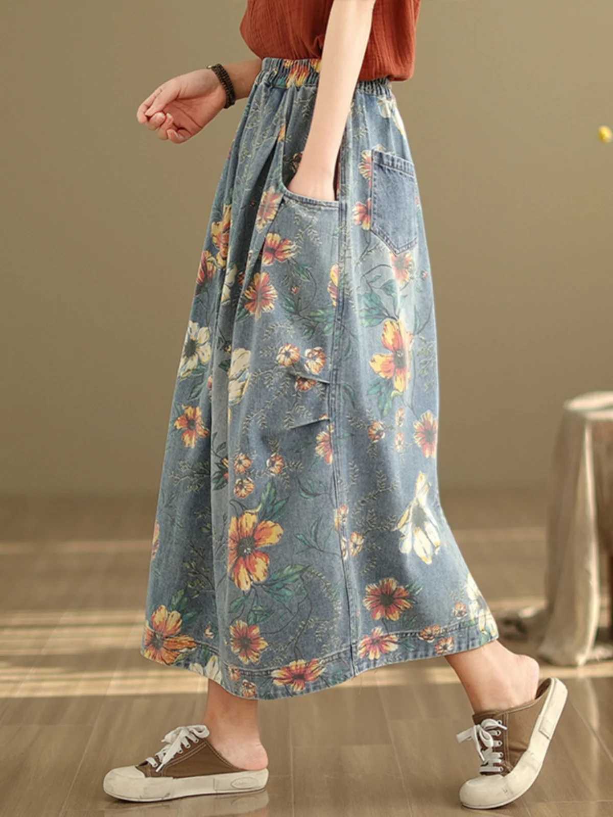 Elastic Waist Denim Skirt Womens Spring Summer New Sle Artistic Retro Loose Casual Print Splicing Mid-Length Skirt M260314