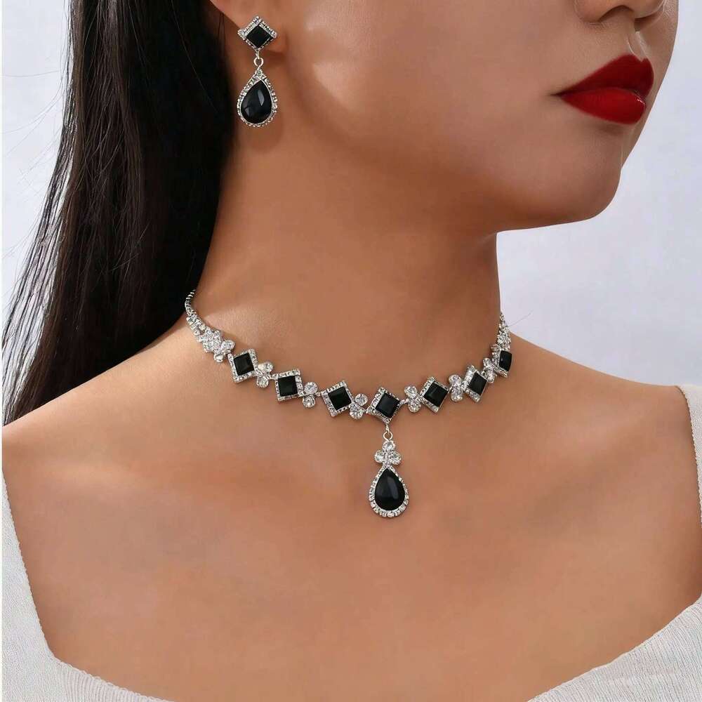 Red Crystal Choker Necklace Earrings Set Teardrop Pendant Silver-Plated Jewelry for Wedding Evening Party Prom Bridal Gift Z260313
