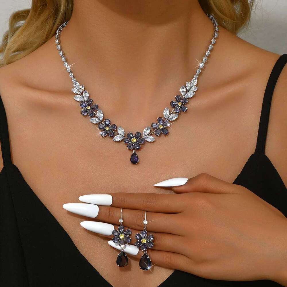 Women's fashion zircon flower mysterious light luxury high-end necklace earrings jewelry set design sense first accessory Z260313