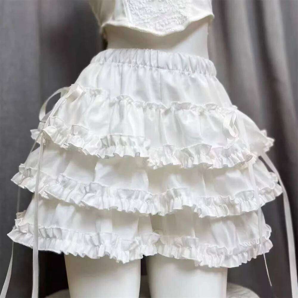 Sweet White Bow Lace Up Cake High Waist Slimming Vintage A-Line Mini Skirt for Women Summer New Arrival Japanese Style Z260314