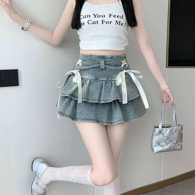 Summer New American Pure Lust Style Bow Tie A-line Cake Denim Puffy Short Skirt for Women Z260314