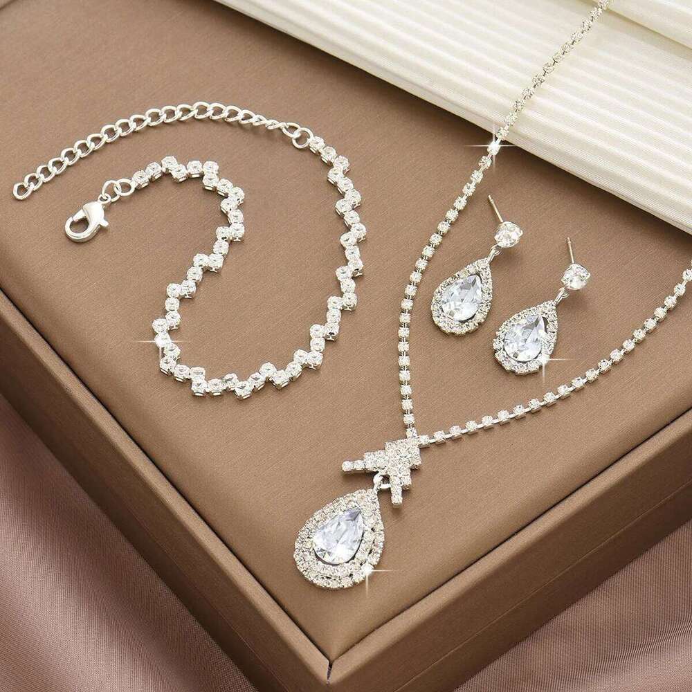 European and American delicate water droplets, diamond necklace, earrings, bracelet, three piece set for women Z260313