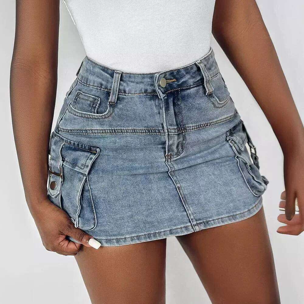 Pocket Design Buckled Denim Women High Waist Short Mini Skirt Sexy Summer Fashion Z260314