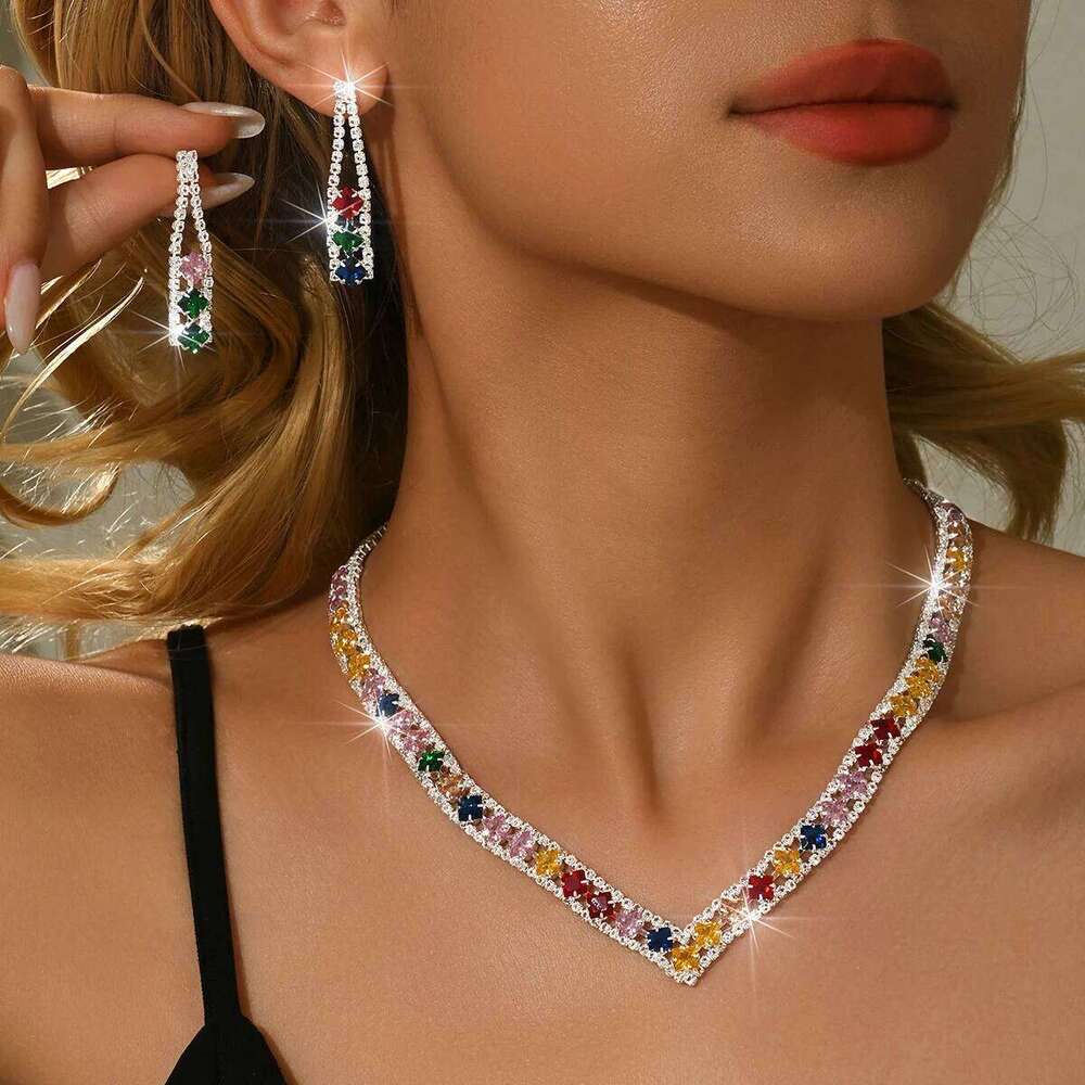 Bestselling Design Full Diamond Personalized Elegant Necklace Earrings Fashion Multi color Set Z260313