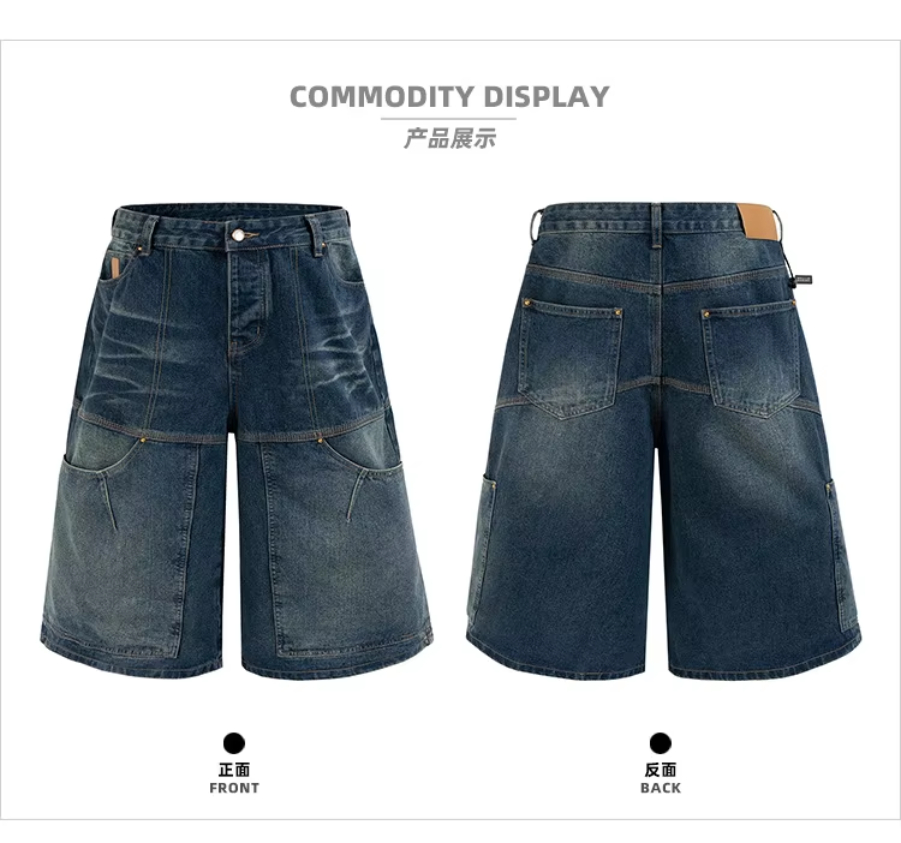 MIJKO Men's and Women's Spring and Summer New Indigo Work Denim Shorts Unisex Washed Vintage Deconstructed Design Trendy TJ169