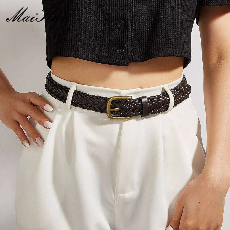 Maikun Women's Braided Gold Alloy Pin Buckle Vintage Personalised High Quality PU Leather Belt Z260226
