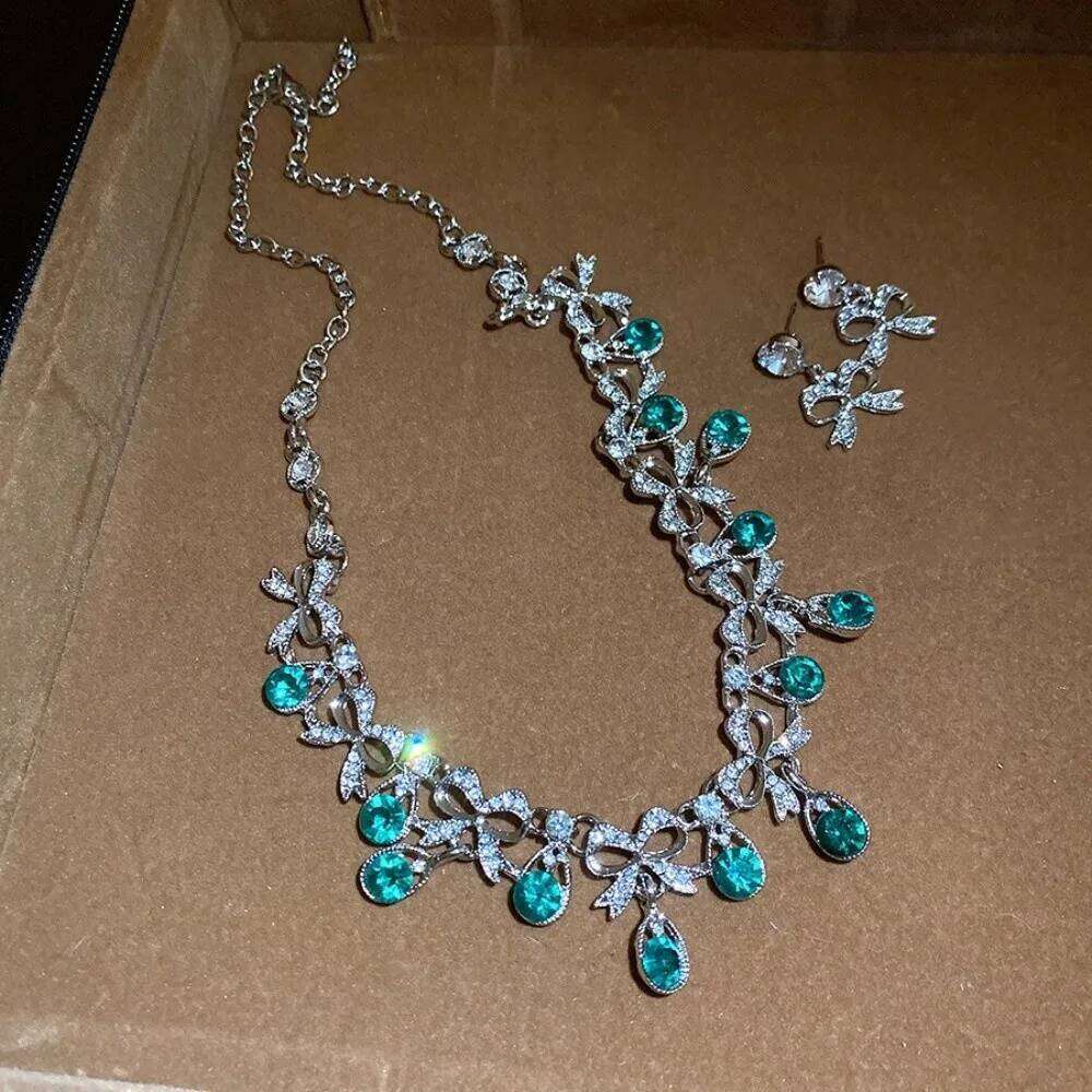 2 pieces Wedding Water Drop Rhinestone Jewelry Bow Shining Earrings Luxury Inlaid Crystal Necklace Set Banquet Z260313