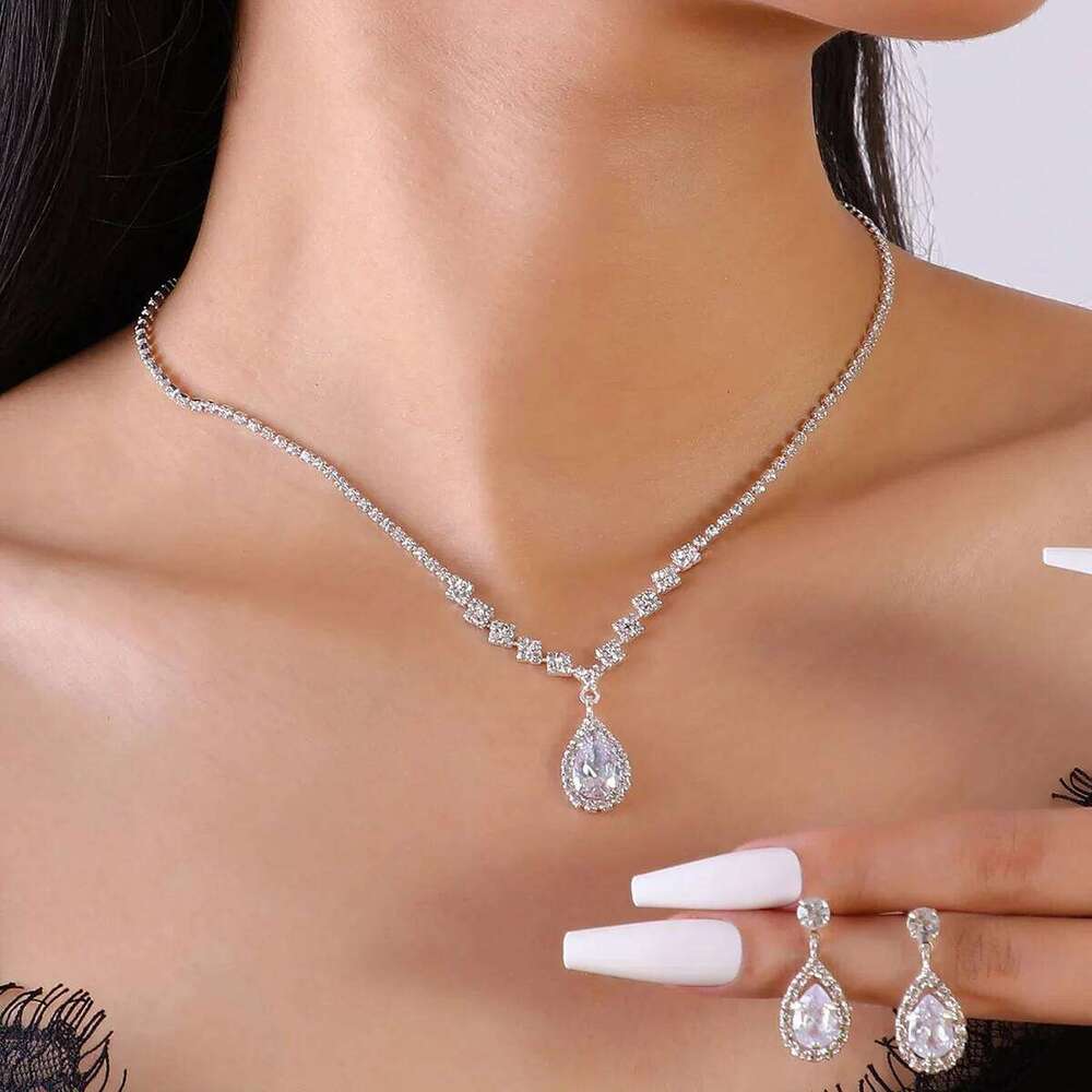 3PC Season Women's Fashion Copper Inlaid Water Drop Necklace Earrings Jewelry Set Wedding Banquet Party Holiday Gift Z260313
