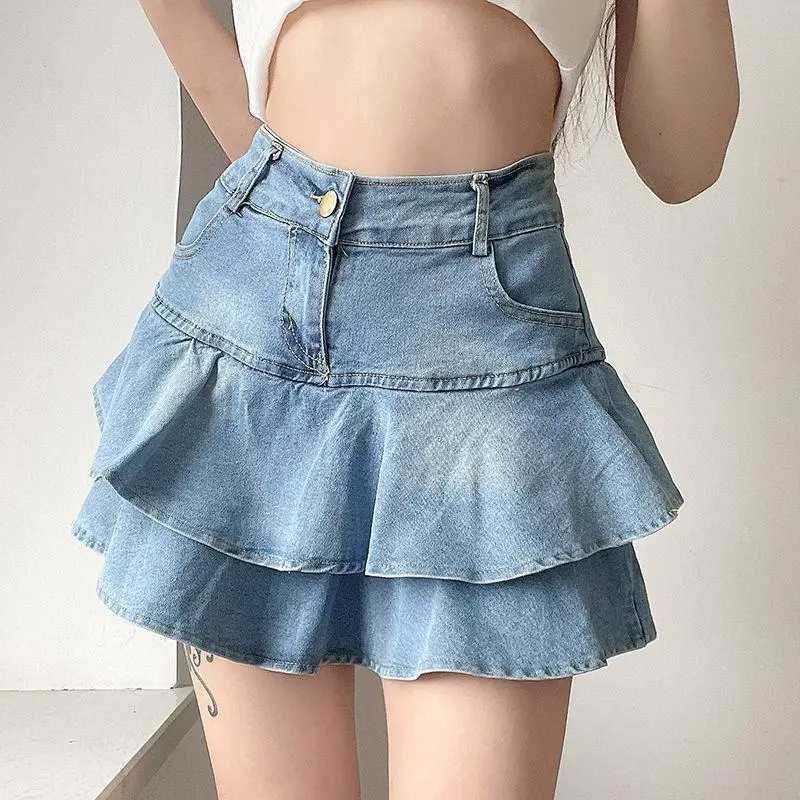 Y2K Vintage Denim Skirt Women Summer Fashion High Waist A-Line Wash Blue Slim Sexy Hot Mini Jeans Ruffle Short Skirt Female M260314
