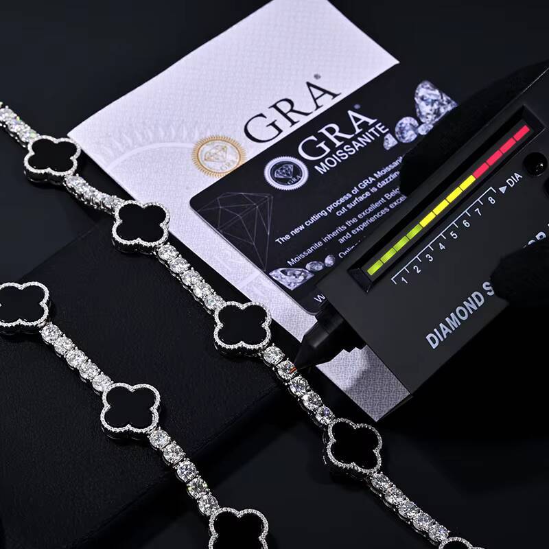 925 Sterling Silver Clover Moissanite Tennis Chain Bracelet and Necklace 5mm Pass Diamond Test Fashionable for Men and Women