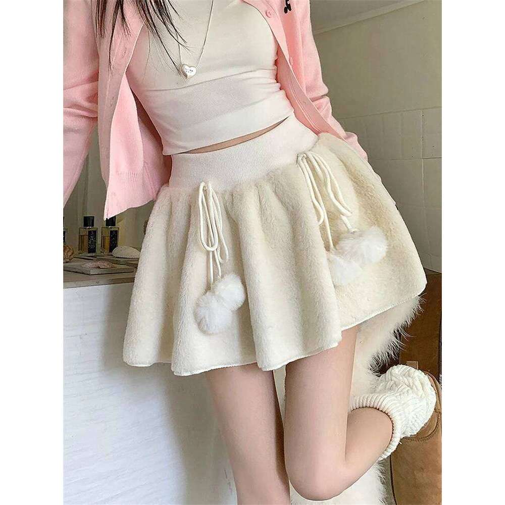 Sweet Preppy Mini Women Autumn Winter Bow Fluff Ball Patchwork Cute Skirts High Waist Loose Casual Kawaii A Line Skirt New Z260314