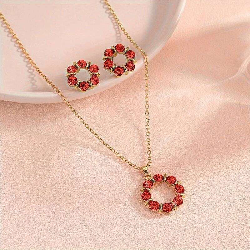 Summer Necklace Earrings Exquisite 2-Piece Set For Women | Model Minimalist Fashion Style Glass Inlaid Circular Jewelry Z260313