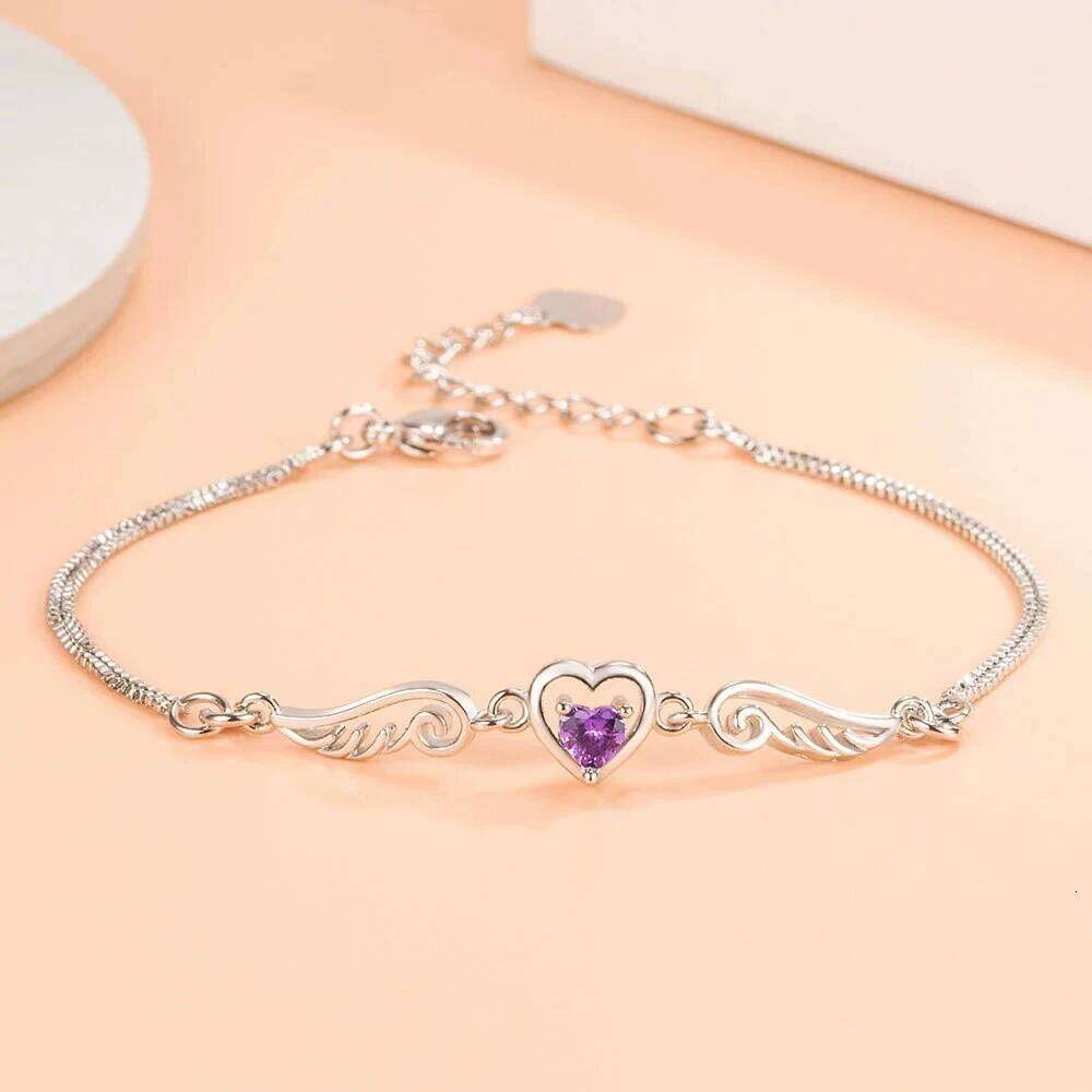 Purple Crystal Love Heart Stone Angel Wings Bracelets For Women Silver Color Chain Bracelet Wedding Jewelry Valentine's Day Gift Z260313