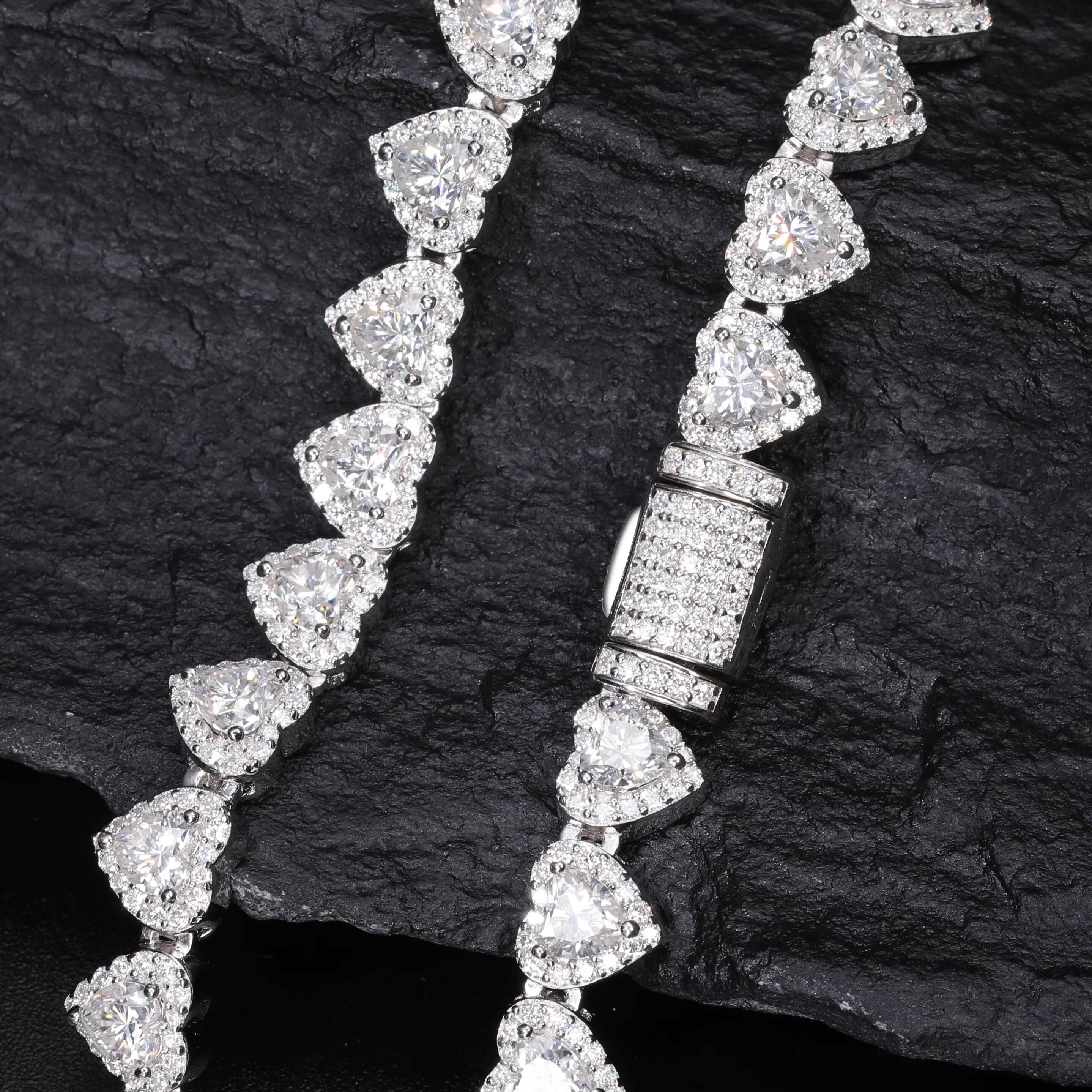 Bling Hip Hop Jewelry Wholesale 7mm 925 Sterling Silver Heart Cut VVS Moissanite Diamond Iced Out Tennis Chain Necklace