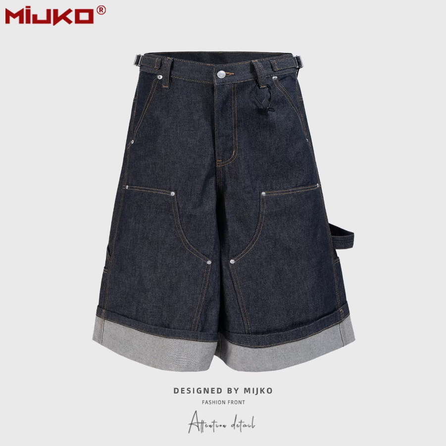 MIJKO Men's and Women's New Original Cattle Logging Seven-Part Over-the-Knee Shorts Unisex Color-Block Folded