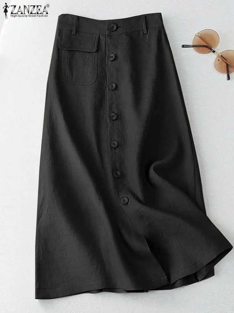ZANZEA Elegant Cotton Midi Skirts Casual Button Up A-line Skirt Women High Waist Jupe 2024 Summer Solid Temperament Falda Mujer M260314
