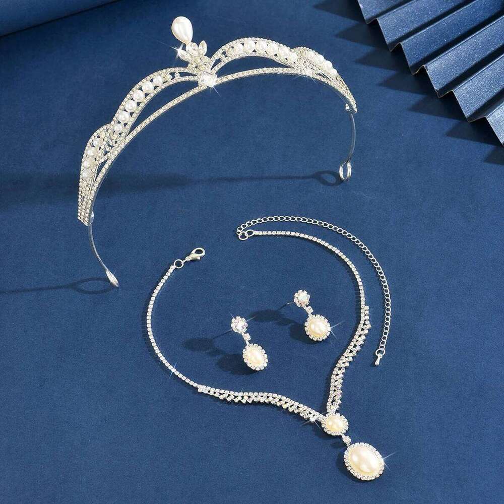 Ladies' fashion imitation pearl palace style crown necklace earrings jewelry set, wedding, party, holiday gifts Z260313
