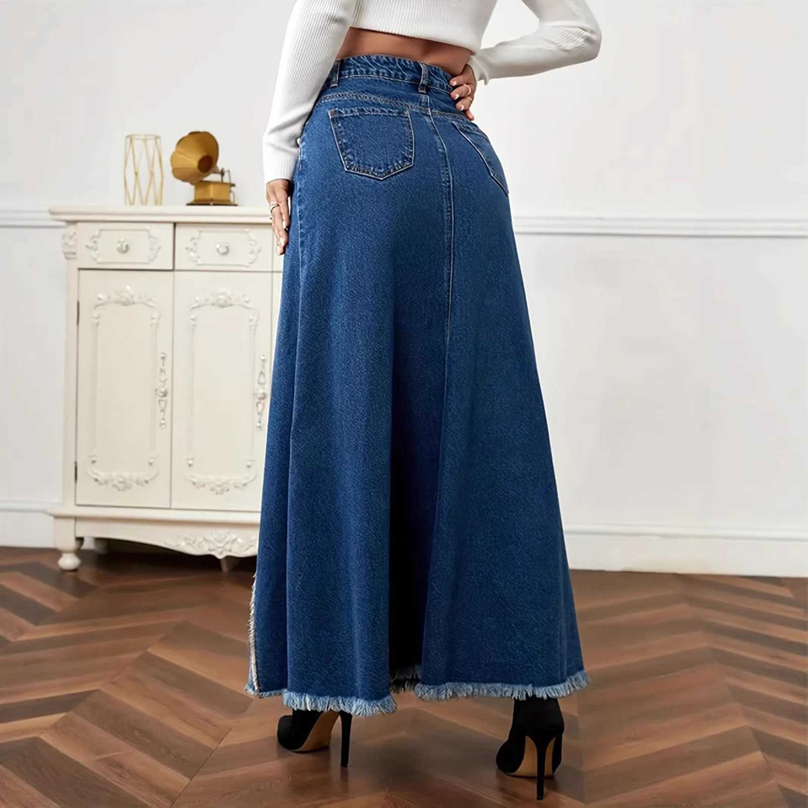 Boho Long Denim Skirts for Women Flowy High Waist Button Down Ruffled A-line Jean Casual Maxi Skirts with Pockets M260314