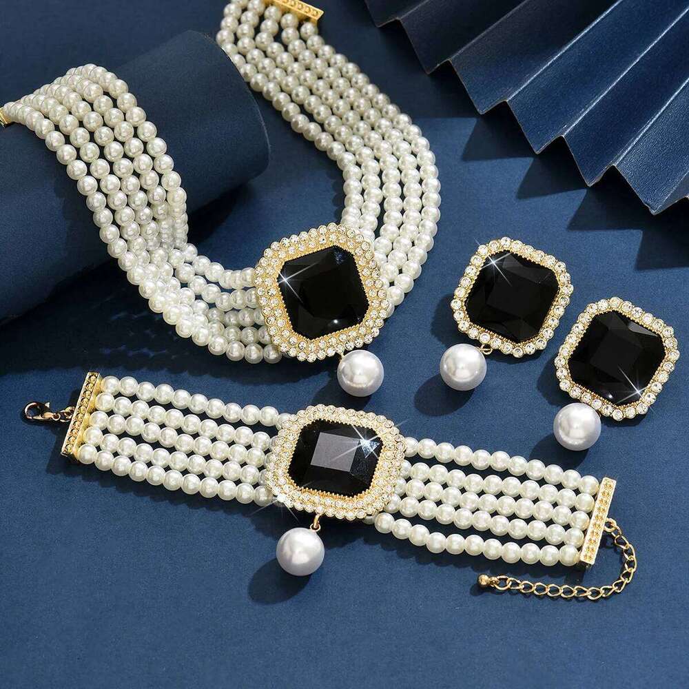 Luxury Pearl Emerald Set for Women Multi-Strand Necklace Bracelet Earrings Daily Party Statement Jewelry Z260313