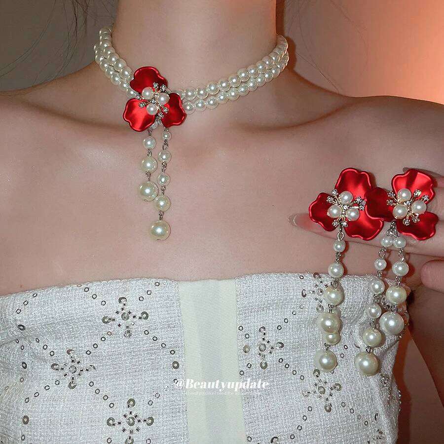 Flower Pearl Necklace Earrings Exquisite Elegance Temperament Jewelry Set Luxury Women Z260313
